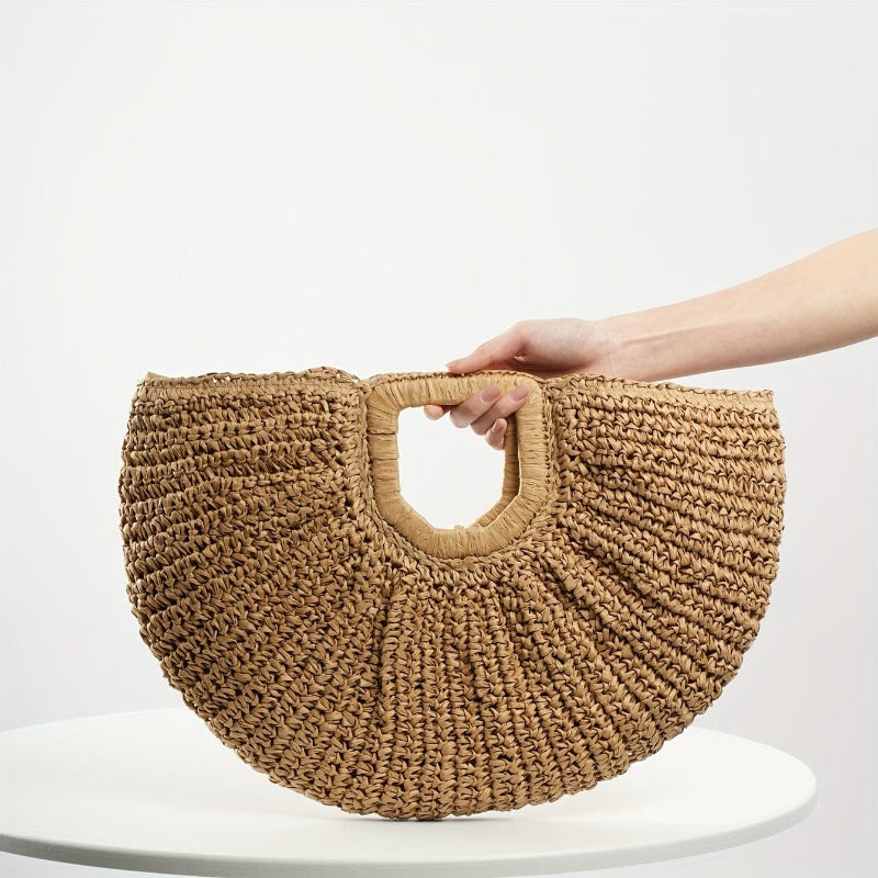 Alpha C Apparel Boho Style Straw Beach Bag - Perfect for Travel and Holidays Alpha C Apparel Khaki