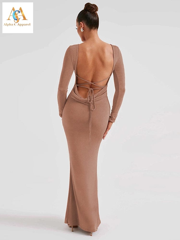 Stunning Alpha C Lace-up Dress for Women - Elegant & Chic long dress Alpha C Apparel S / Nude