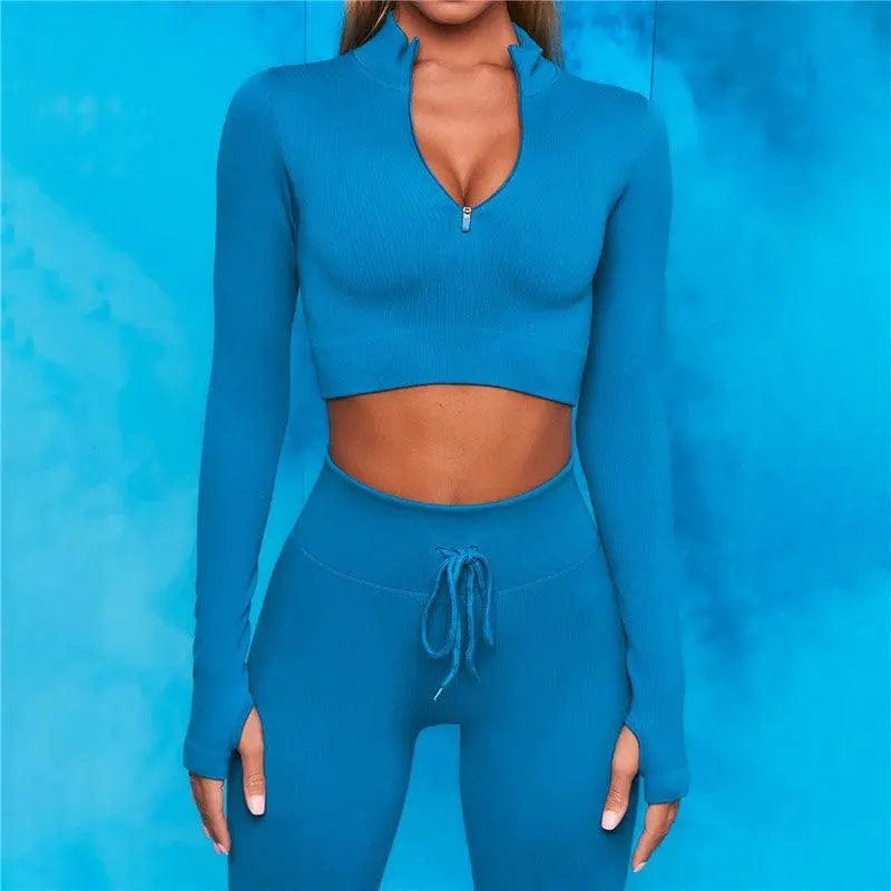 Women Seamless fitness yoga set long sleeve yoga shorts set summer yoga clothing workout suit 2 piece Alpha C Apparel M / Blue-long sleeve