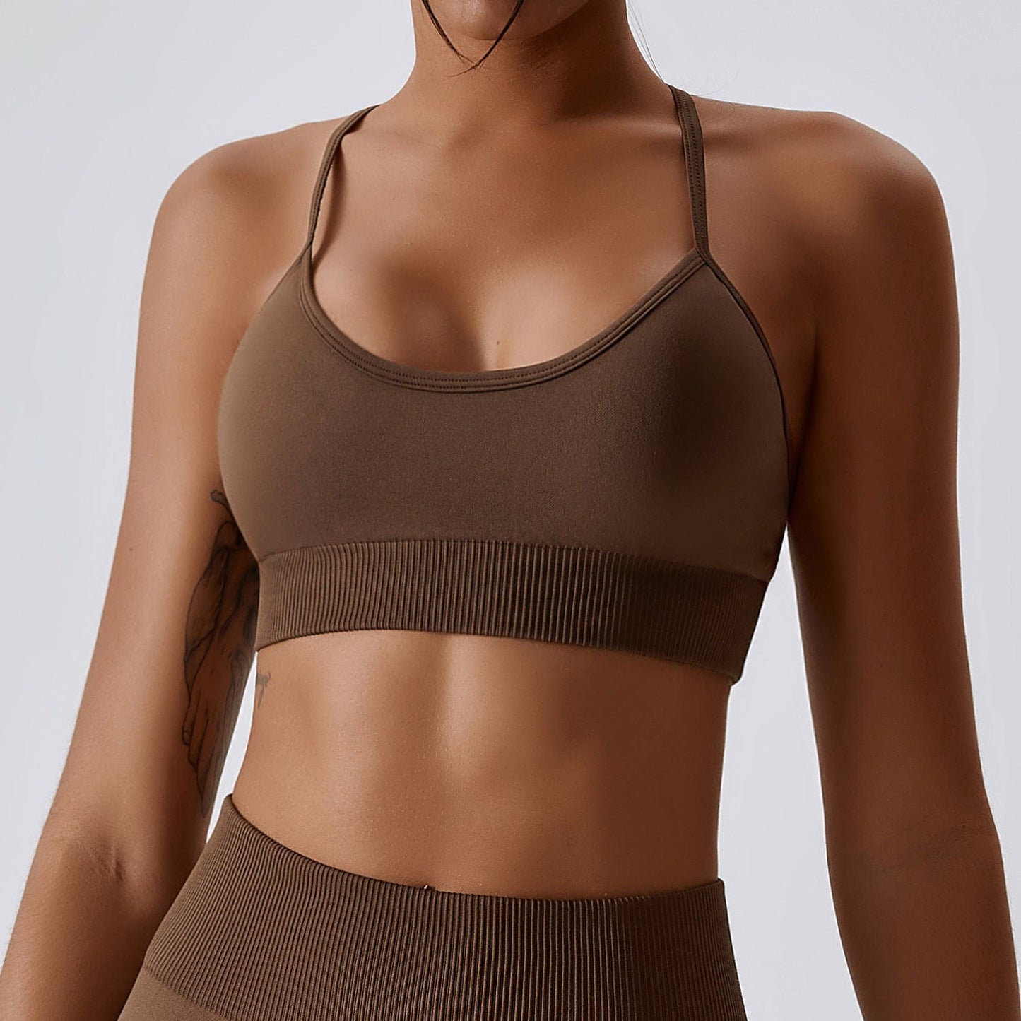 High Elastic Strappy Sports Seamless Yoga Wireless Bra Breathable Cross  Back Sport Bra Gym Fitness Sport Bra For Women Alpha C Apparel M / brown