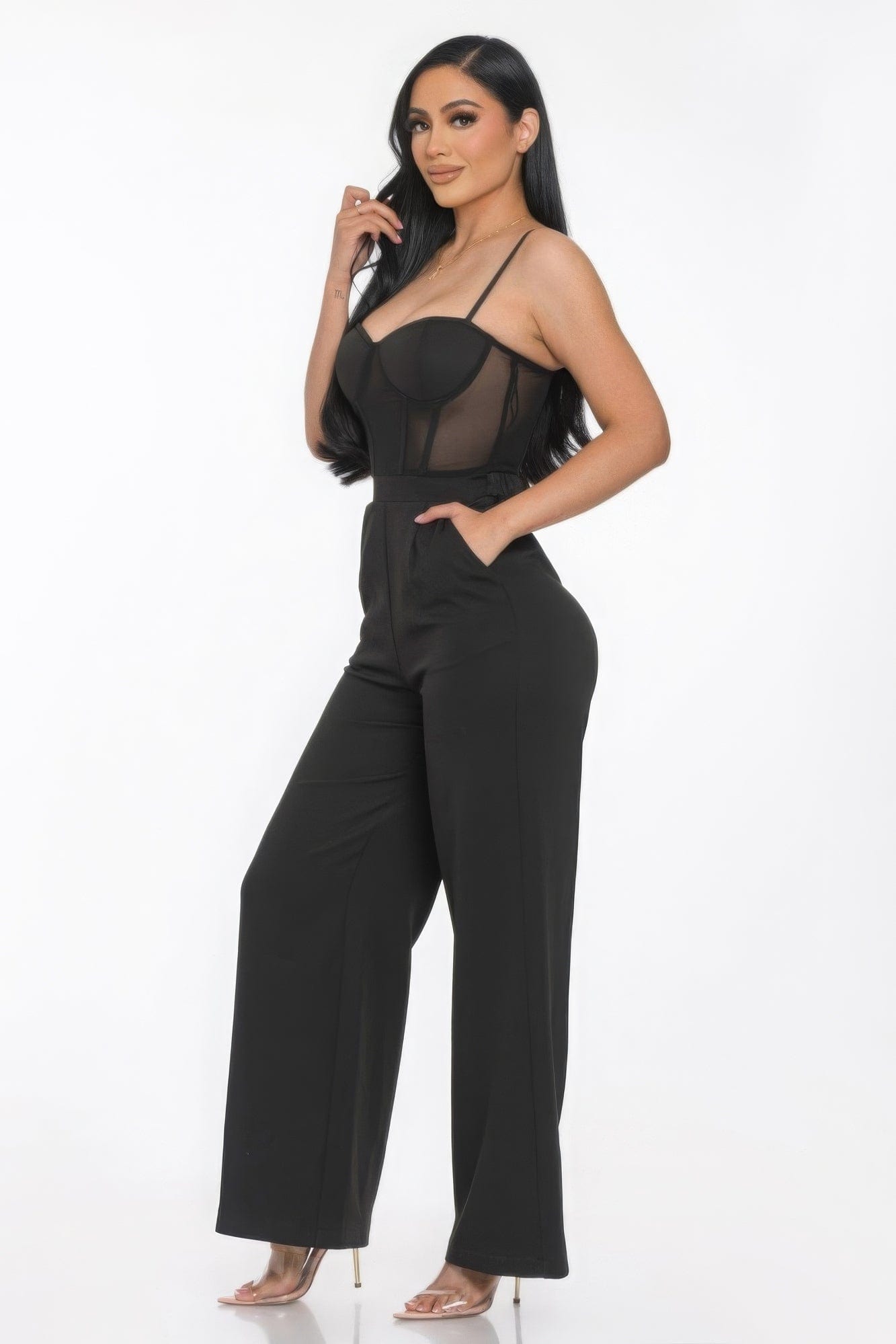 Mesh Insert Cup Wide Leg Jumpsuit Alpha C Apparel