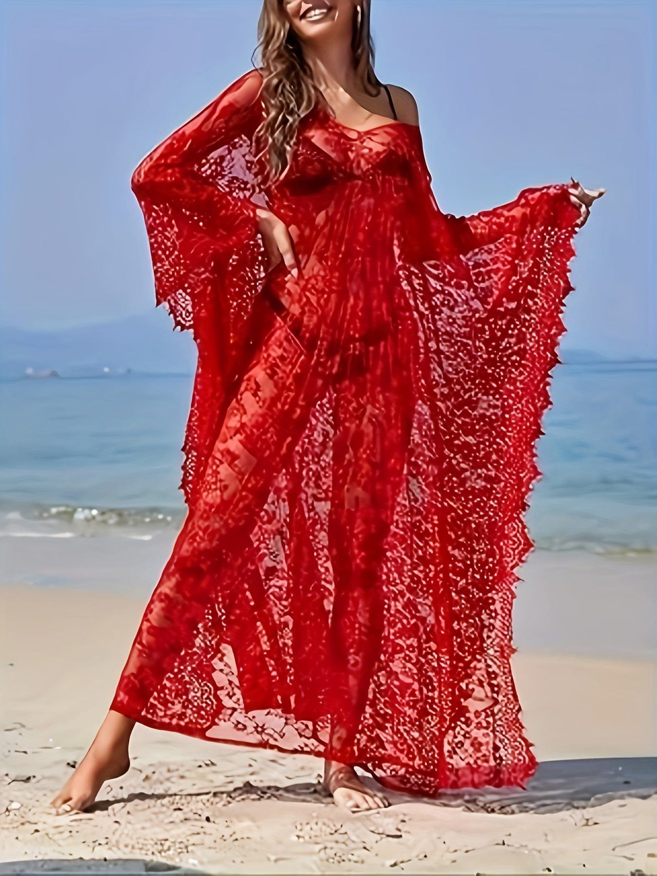 Stunning Lace Beach Kaftan - Sexy, Semi-Sheer Swimwear for Women! Alpha C Apparel One-size / Red