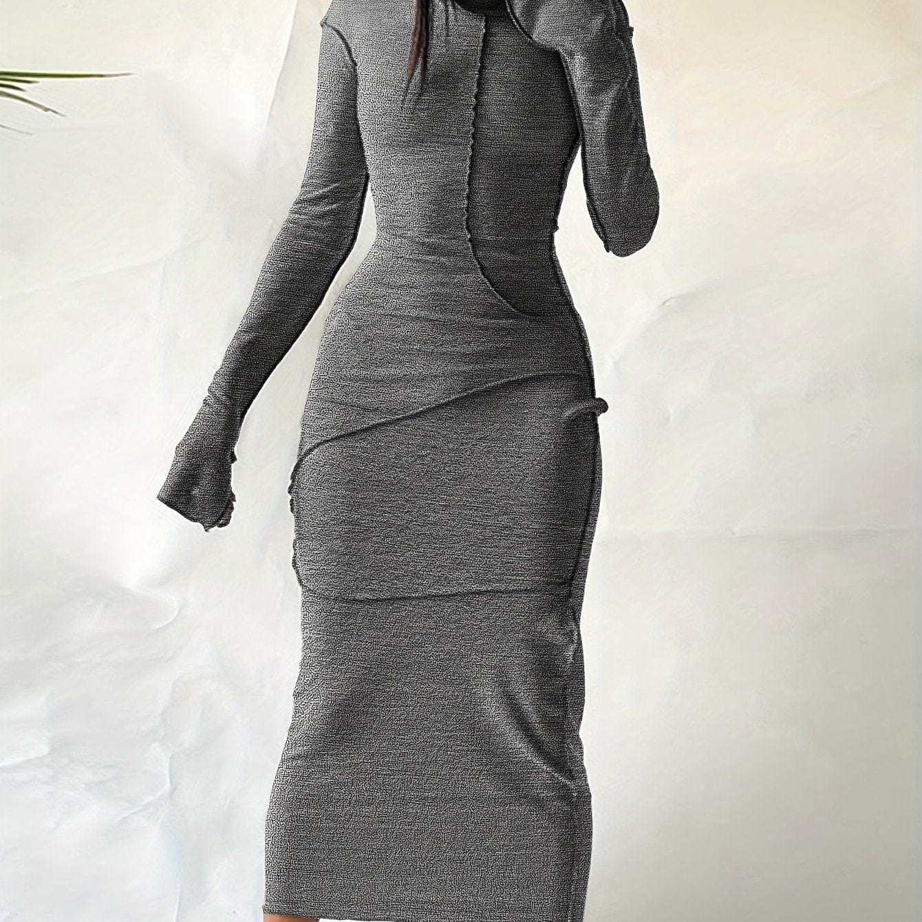 Stitching Hooded Dress, Casual Long Sleeve Maxi Dress, Women's Clothing Alpha C Apparel S(4) / Dark Gray 2