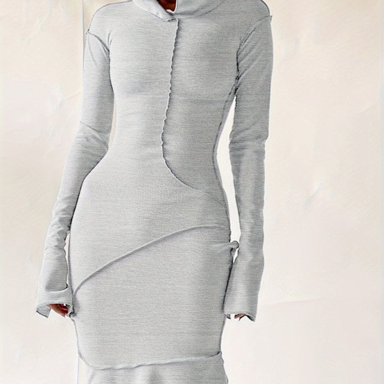 Stitching Hooded Dress, Casual Long Sleeve Maxi Dress, Women's Clothing Alpha C Apparel S(4) / grey