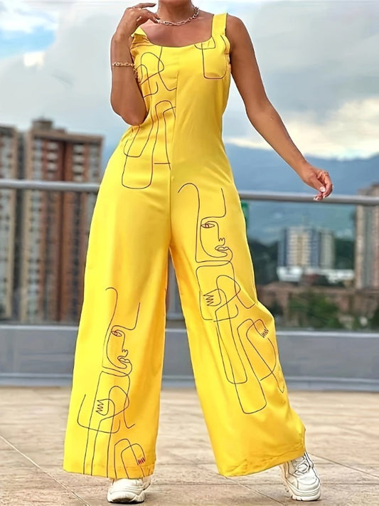 Alpha C Apparel Abstract Print Wide Leg Jumpsuit Sleeveless Spring/Summer Women's Clothing Alpha C Apparel S(4) / Yellow