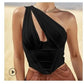 ANSZKTN Women Summer Solid Splicing One Shoulder Cut-Out Vest Tank Top Slant Collar Crop Top Alpha C Apparel S / Black
