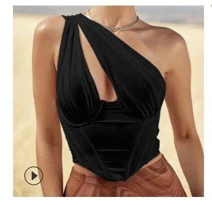 ANSZKTN Women Summer Solid Splicing One Shoulder Cut-Out Vest Tank Top Slant Collar Crop Top Alpha C Apparel S / Black