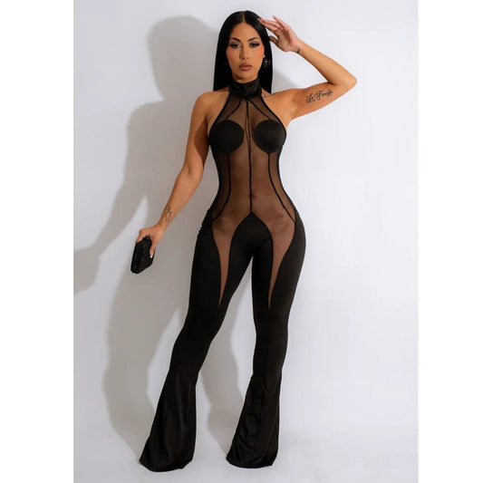 LEOSD Jumpsuit Women 2023 New Mesh Splicing One-piece Pants Jumpsuit Sexy See-through Night Club Outfit Women Jumpsuit Alpha C Apparel S / black