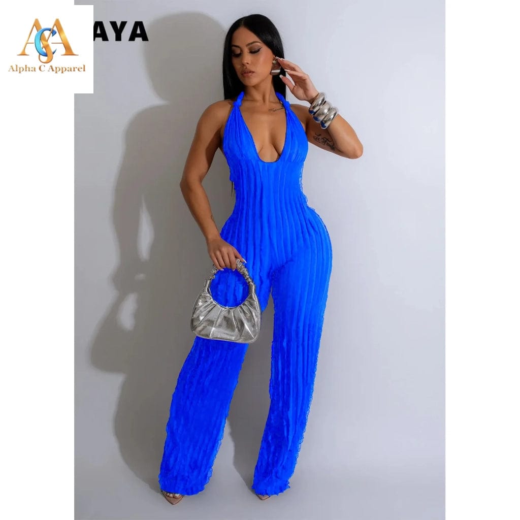 Chic Ruffles Halter Jumpsuit Alpha C Apparel S / Blue