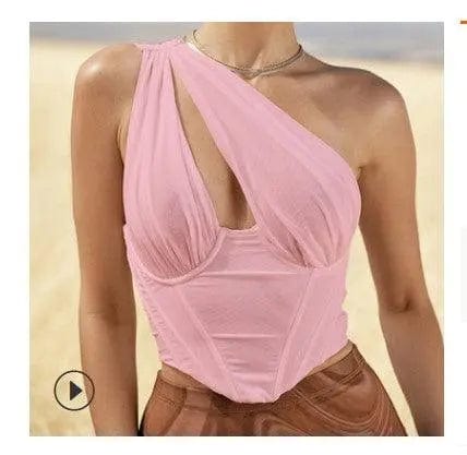 ANSZKTN Women Summer Solid Splicing One Shoulder Cut-Out Vest Tank Top Slant Collar Crop Top Alpha C Apparel S / Pink