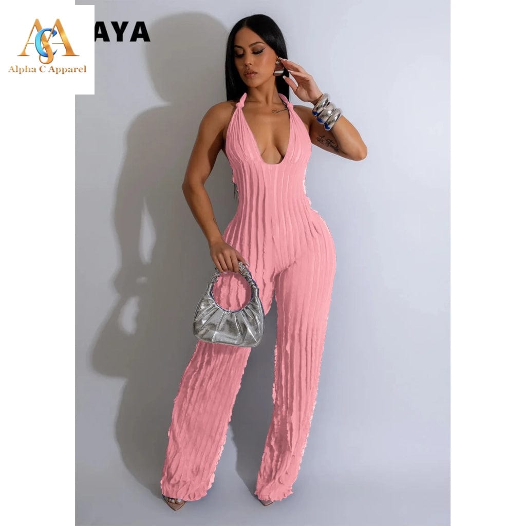 Chic Ruffles Halter Jumpsuit Alpha C Apparel S / Pink