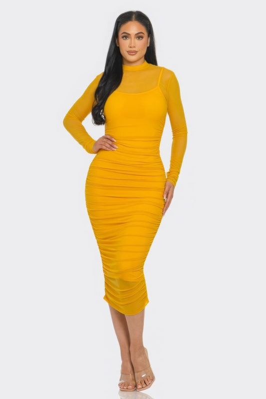 Solid Mesh Ruched Midi Dress Alpha C Apparel