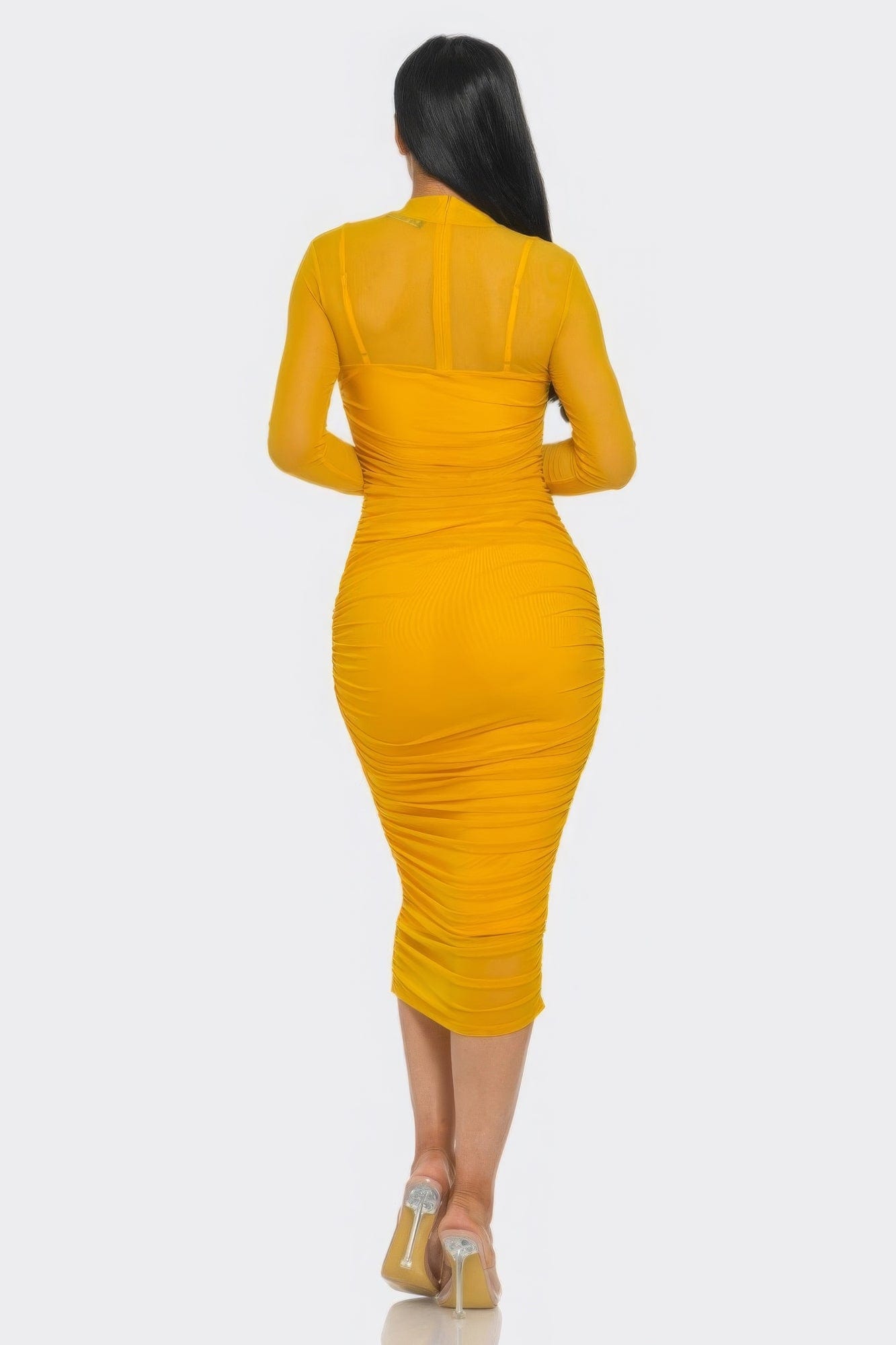 Solid Mesh Ruched Midi Dress Alpha C Apparel