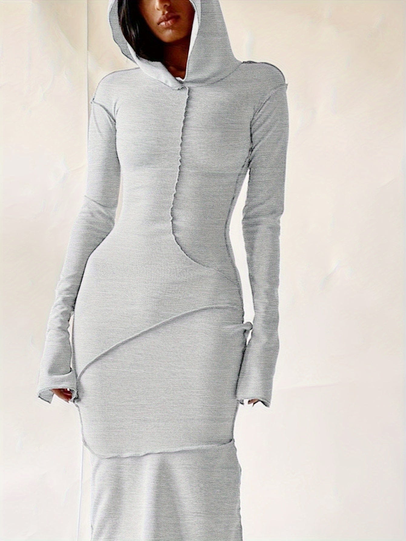 Stitching Hooded Dress, Casual Long Sleeve Maxi Dress, Women's Clothing Alpha C Apparel