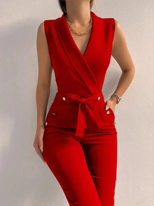 Alpha C Apparel V-Neck Lace Up Jumpsuit: Casual, Sleeveless, Wide Leg Pants V neck Jumpsuit Alpha C Apparel