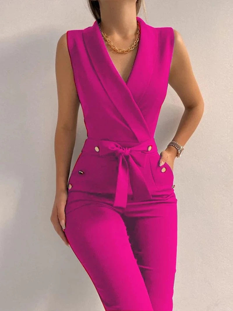 Alpha C Apparel V-Neck Lace Up Jumpsuit: Casual, Sleeveless, Wide Leg Pants V neck Jumpsuit Alpha C Apparel M / 06 Rose Red