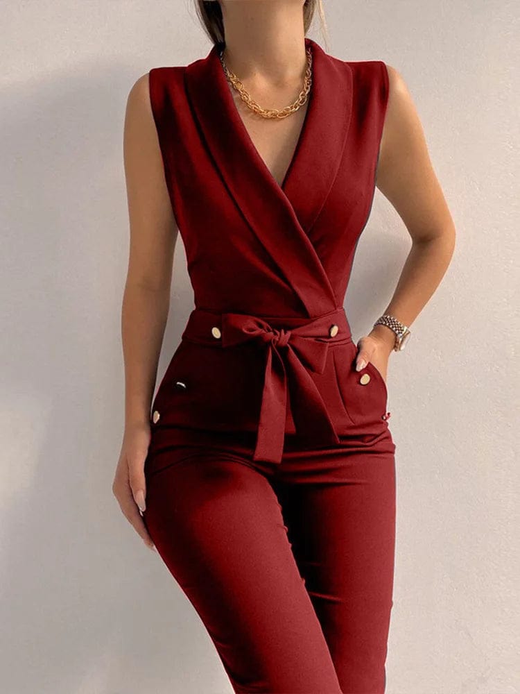 Alpha C Apparel V-Neck Lace Up Jumpsuit: Casual, Sleeveless, Wide Leg Pants V neck Jumpsuit Alpha C Apparel S / 05 Wine Red