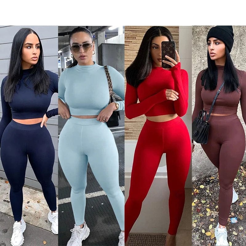 Winter Fitness 2 Two Piece Set Women Lounge wear Long Sleeve Crop Top + Leggings Bodycon Tracksuit Women Outfits Jogging Femme Alpha C Apparel