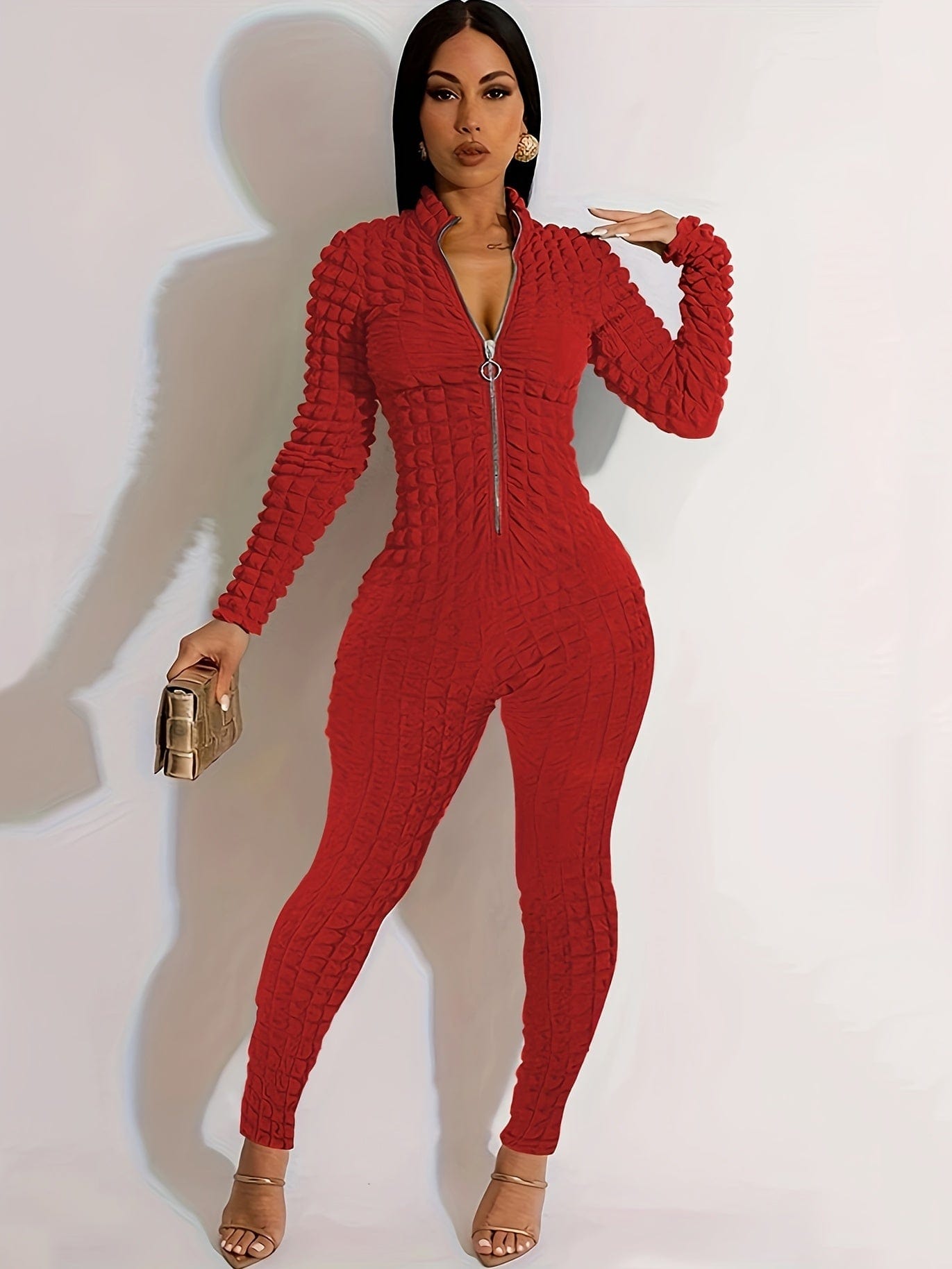 Alpha C Apparel Unleash Your Style with Our Zipper Popcorn Jumpsuit Alpha C Apparel XXL(14) / Red