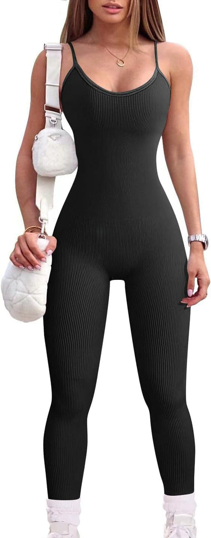 YIOIOIO Women Workout Seamless Jumpsuit Yoga Ribbed Bodycon One Piece Spaghetti Strap Leggings Romper   ] Back to results Amazon Small / 01black