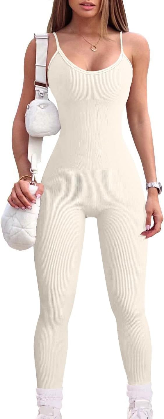 YIOIOIO Women Workout Seamless Jumpsuit Yoga Ribbed Bodycon One Piece Spaghetti Strap Leggings Romper   ] Back to results Amazon Small / 02beige