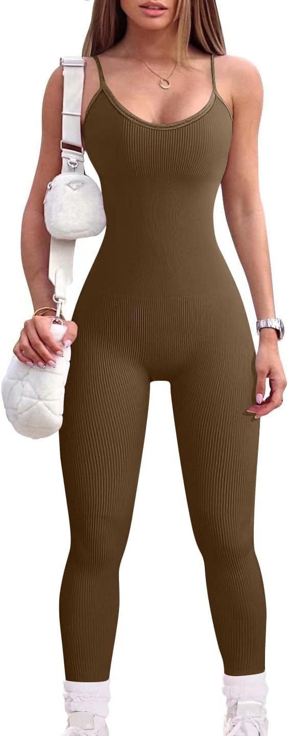 YIOIOIO Women Workout Seamless Jumpsuit Yoga Ribbed Bodycon One Piece Spaghetti Strap Leggings Romper   ] Back to results Amazon Small / 03brown