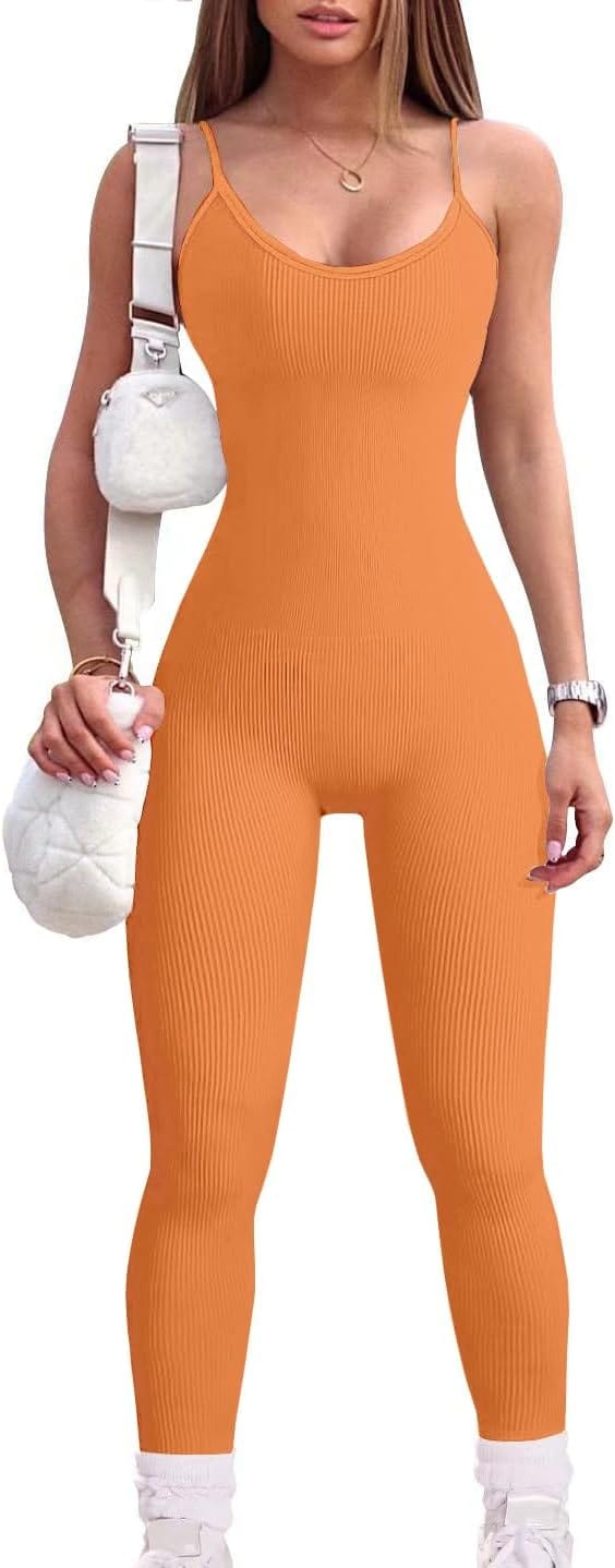 YIOIOIO Women Workout Seamless Jumpsuit Yoga Ribbed Bodycon One Piece Spaghetti Strap Leggings Romper   ] Back to results Amazon Small / 05orange