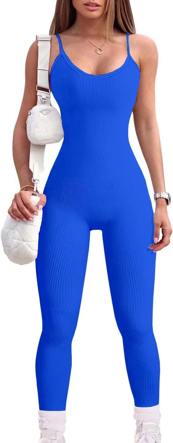 YIOIOIO Women Workout Seamless Jumpsuit Yoga Ribbed Bodycon One Piece Spaghetti Strap Leggings Romper   ] Back to results Amazon Small / 06blue