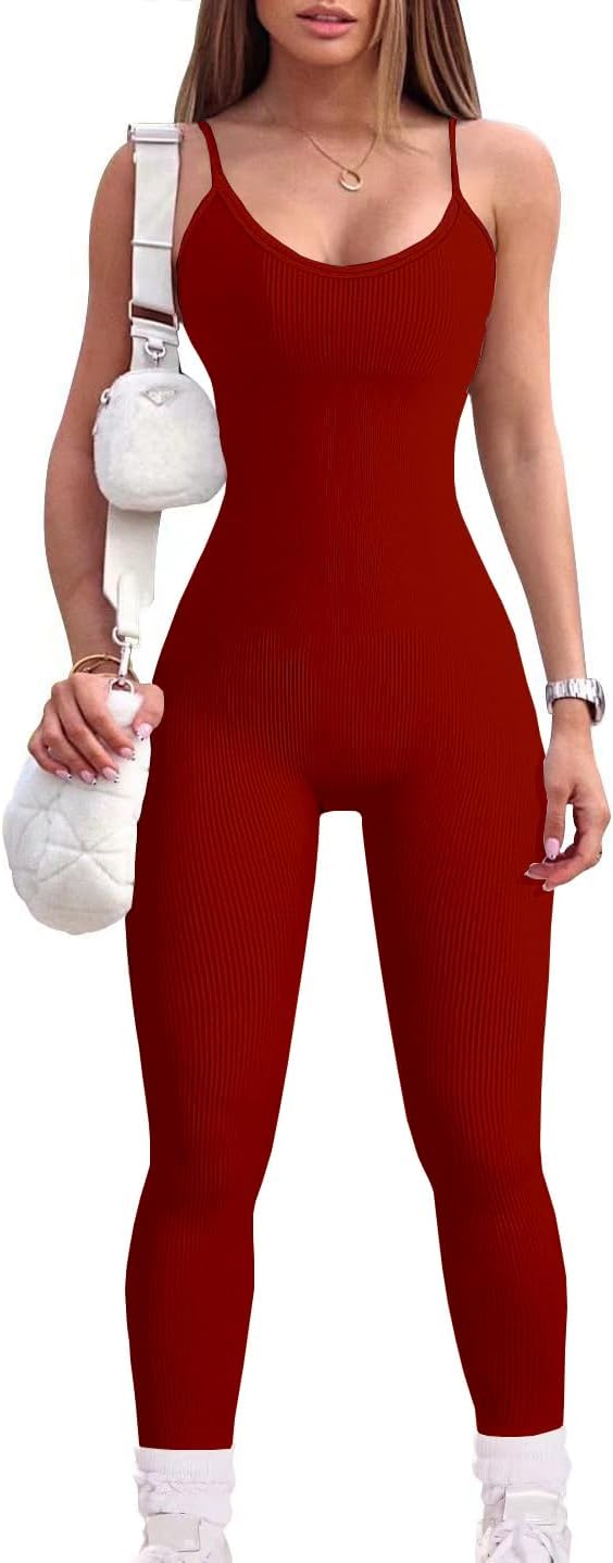 YIOIOIO Women Workout Seamless Jumpsuit Yoga Ribbed Bodycon One Piece Spaghetti Strap Leggings Romper   ] Back to results Amazon Small / Red