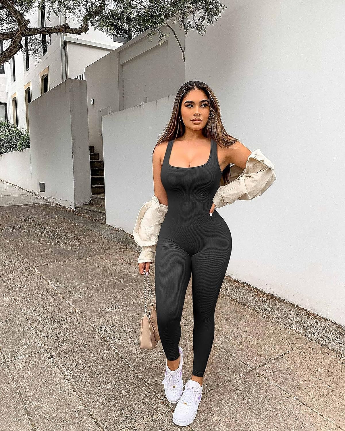 YIOIOIO Women Workout Seamless Jumpsuit Yoga Ribbed Bodycon One Piece Square Neck Leggings Romper. Back to results Amazon