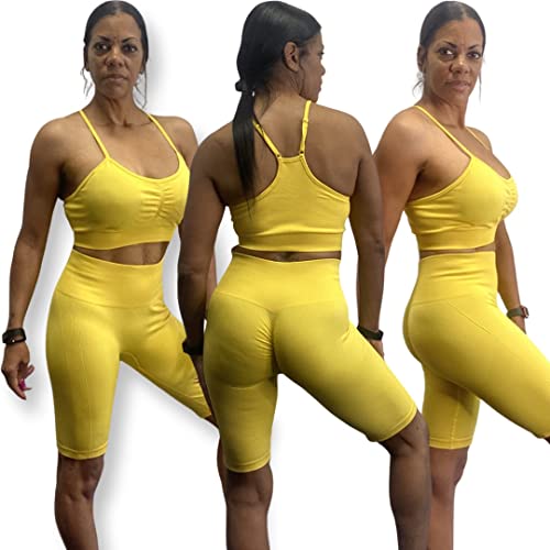 Two Piece Yoga Set Scrunch Butt Legging and Sports Bra Yellow Women Amazon