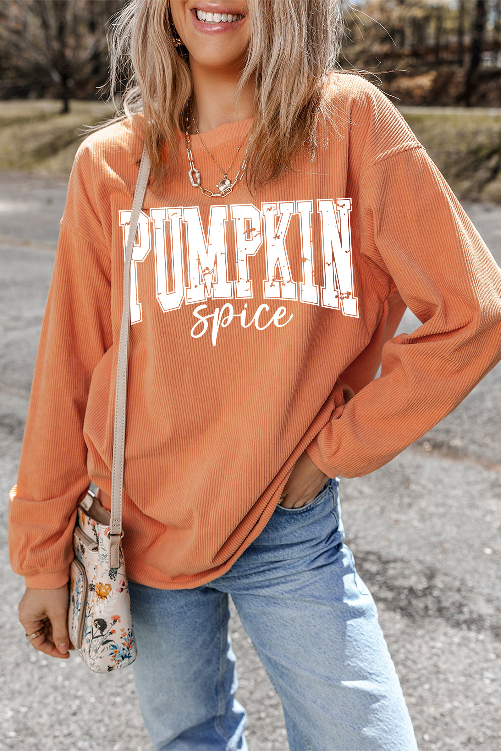 Orange Crinkle Ribbed PUMPKIN Spice Graphic Crewneck Sweatshirt