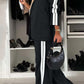 Full Size Contrast Lapel Collar Top and Pants Set