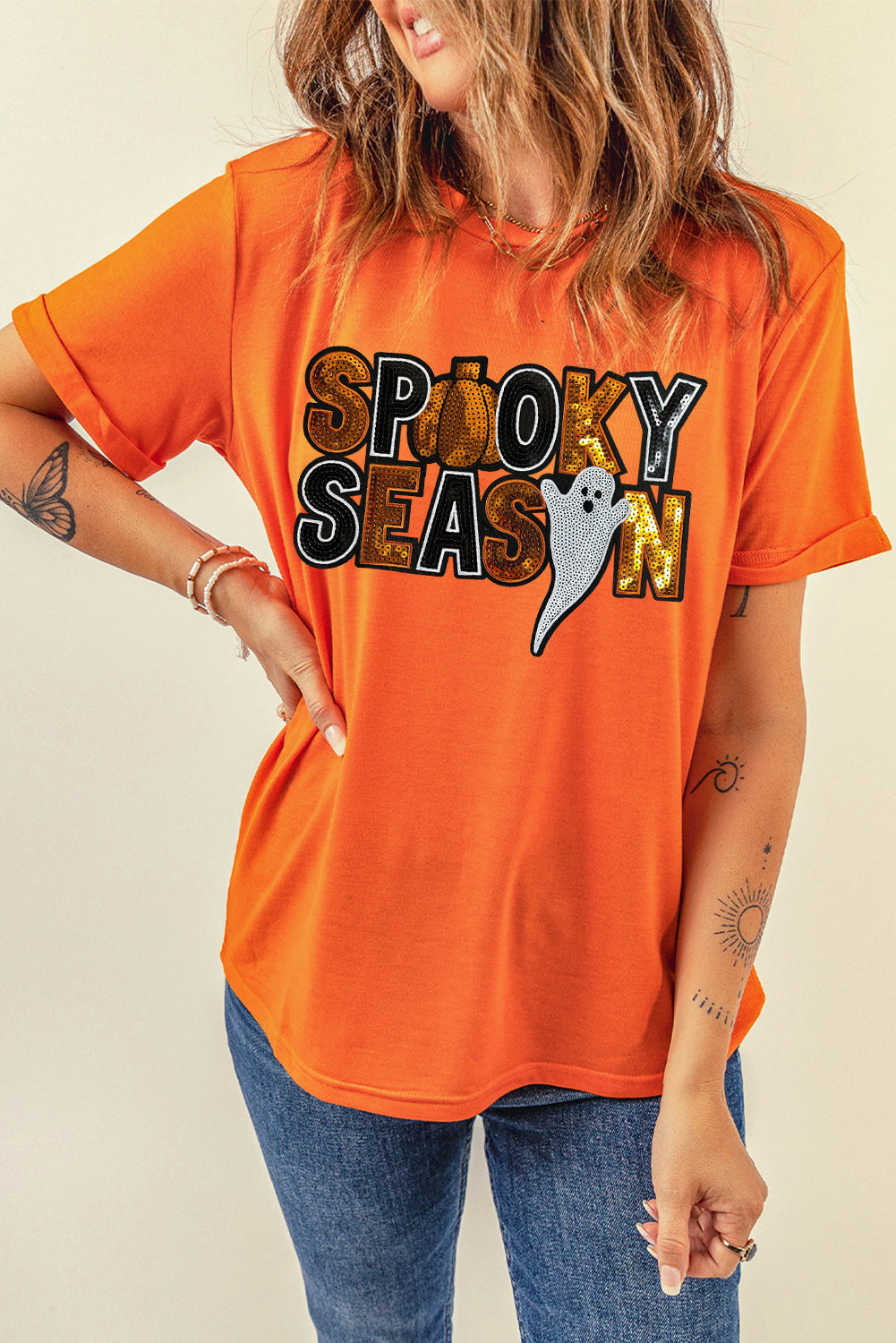 Orange SPOOKY SEASON Sequin Ghost Graphic Tee