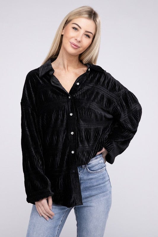 Wrinkle Effect Tiered Shirring Velvet Shirt BiBi