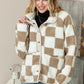 Brown Checked Snap Button Zip Pockets Sherpa Jacket