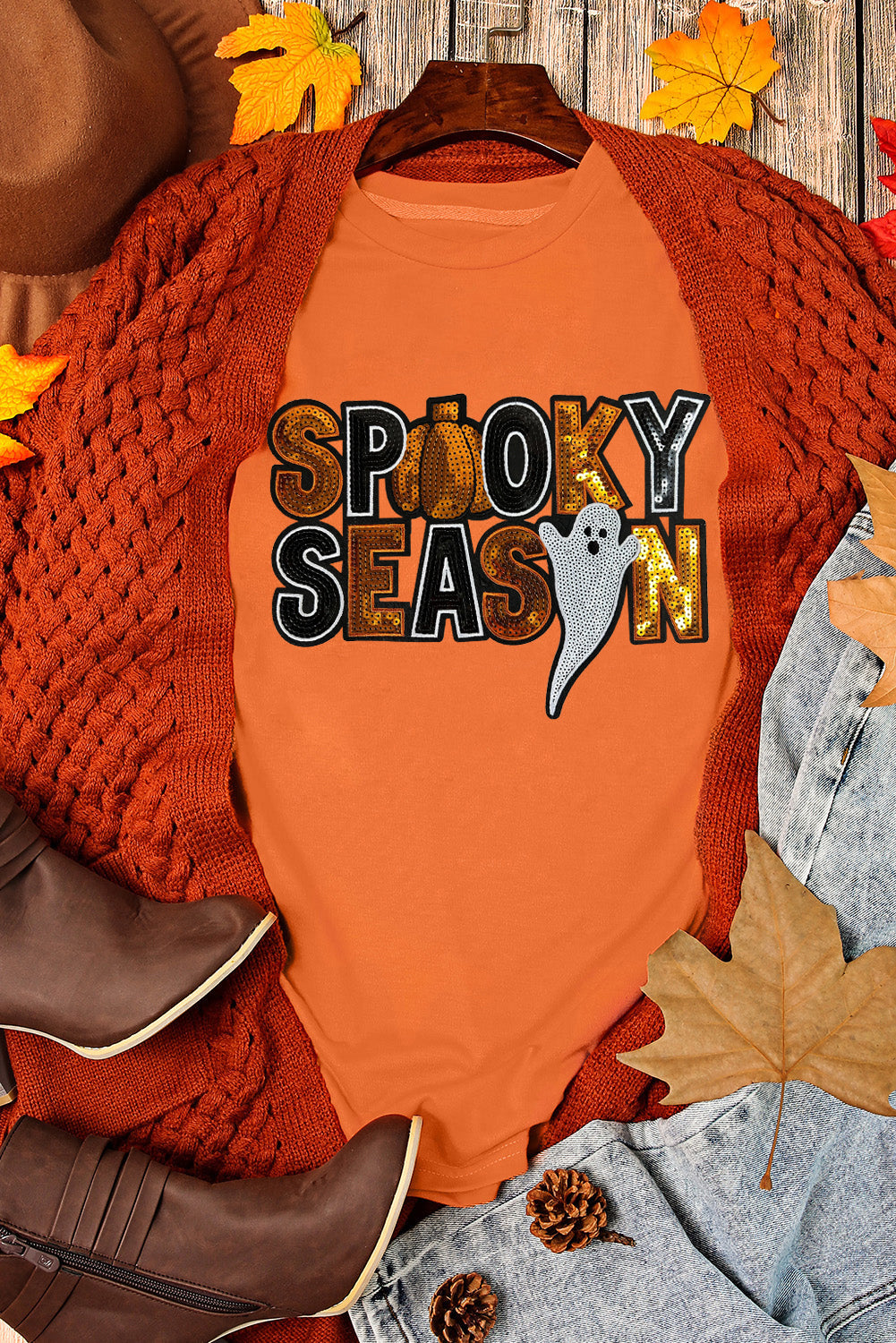 Orange SPOOKY SEASON Sequin Ghost Graphic Tee