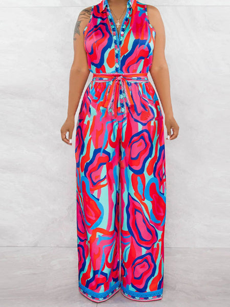 Jumpsuits - Women's Clothing Printed Sleeveless Casual V-neck Wide Leg Jumpsuit HW5SUAN5B4