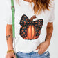 White Halloween Bowknot Pumpkin Graphic Crewneck T Shirt