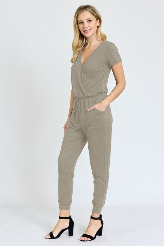 Short Sleeve Jogger Jumpsuit Casual EG fashion Beige / 1X