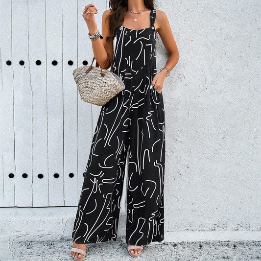 Fashion Print Square Neck Jumpsuit With Pockets Spring Summer Casual Loose Overalls Womens Clothing jumpsuit EG fashion Black / L