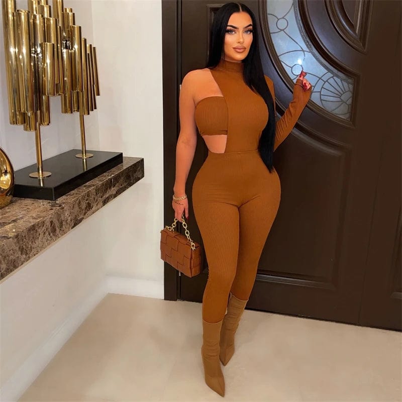 Solid Women Jumpsuits with Tube Top Sexy Cut Out Turtleneck One Shoulder Long Sleeve Skinny Overalls Spring Summer Rompers eprolo