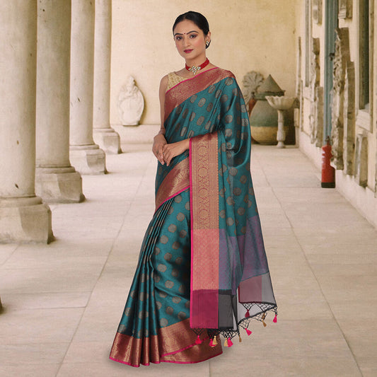 Teal Color Benarasi Tanchoi Silk Sari With Pattu Border