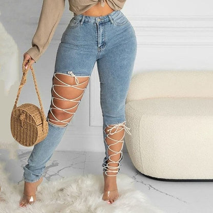 Women Fashion Casual Slinky Jeans Long Pants Women Trousers Cut-Out Lace-up Denim Pants Fashion Casual  Jeans FreeDropship Blue / S