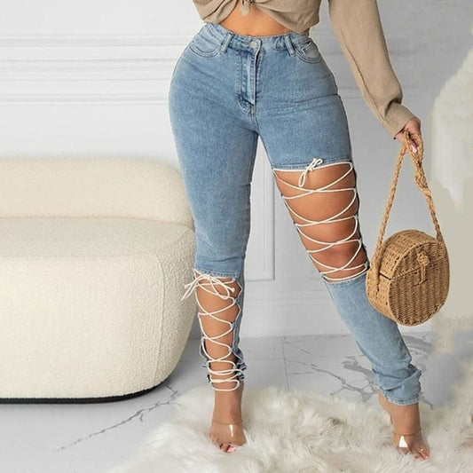 Women Fashion Casual Slinky Jeans Long Pants Women Trousers Cut-Out Lace-up Denim Pants Fashion Casual  Jeans FreeDropship