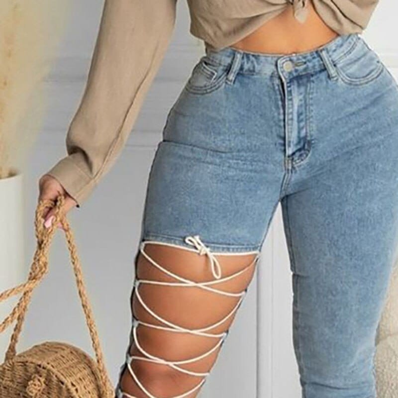 Women Fashion Casual Slinky Jeans Long Pants Women Trousers Cut-Out Lace-up Denim Pants Fashion Casual  Jeans FreeDropship