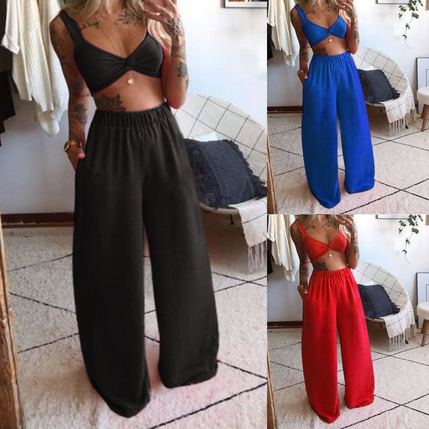 Women's Two-piece Suit Casual Solid V Neck Sexy Tops+ Wide Leg Long Pants Loose Sets Female Summer Outfits Matching Sets 2021 FreeDropship