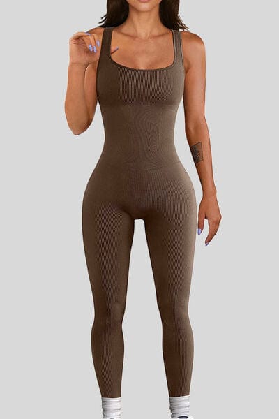 Square Neck Wide Strap Jumpsuit Active Wear Trendsi Chocolate / S