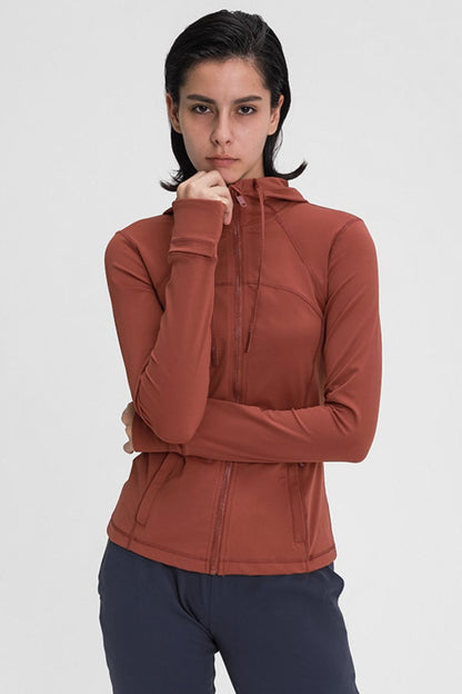 Zip Up Drawstring Detail Hooded Sports Jacket Active Wear Trendsi Rust / 4