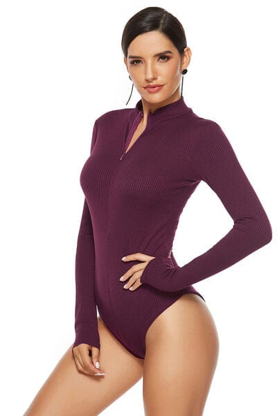 Full Size Ribbed Half Zip Long Sleeve Bodysuit Activewear Trendsi